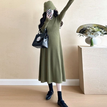 Tehotenské pletené šaty s polovičným rolákom, dlhé rukávy, Chenille tkanina, elastan 50–70%, víla silueta midi dĺžky, japonsko-kórejský voľnošportový štýl