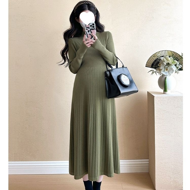Tehotenské pletené šaty s polovičným rolákom, dlhé rukávy, Chenille tkanina, elastan 50–70%, víla silueta midi dĺžky, japonsko-kórejský voľnošportový štýl