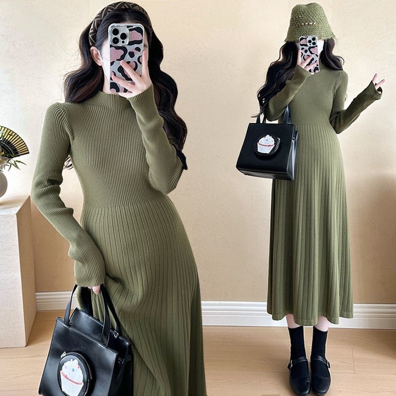 Tehotenské pletené šaty s polovičným rolákom, dlhé rukávy, Chenille tkanina, elastan 50–70%, víla silueta midi dĺžky, japonsko-kórejský voľnošportový štýl