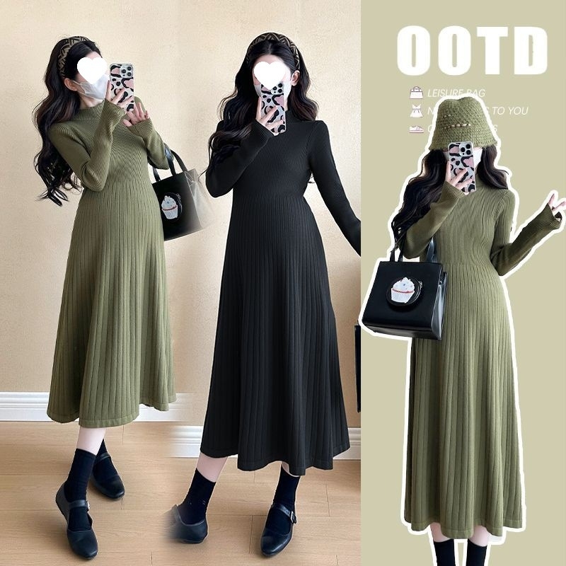 Tehotenské pletené šaty s polovičným rolákom, dlhé rukávy, Chenille tkanina, elastan 50–70%, víla silueta midi dĺžky, japonsko-kórejský voľnošportový štýl