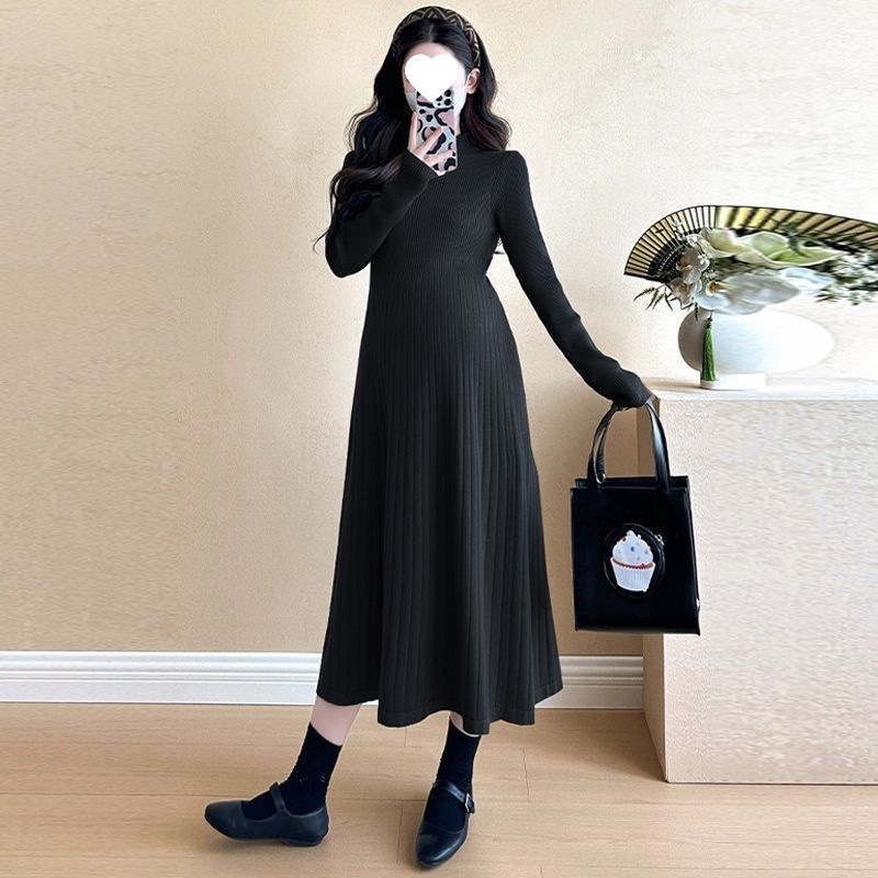 Tehotenské pletené šaty s polovičným rolákom, dlhé rukávy, Chenille tkanina, elastan 50–70%, víla silueta midi dĺžky, japonsko-kórejský voľnošportový štýl