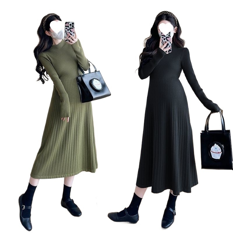 Tehotenské pletené šaty s polovičným rolákom, dlhé rukávy, Chenille tkanina, elastan 50–70%, víla silueta midi dĺžky, japonsko-kórejský voľnošportový štýl