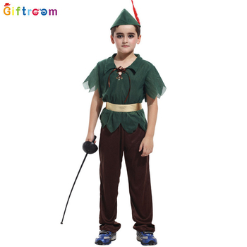 Peter Pan cosplay kostým na západný karnevalový tematický večierok, divadelné predstavenie; polyesterová tkanina; hlavný zloženie 90–95% polyester; pohlavie: muž; vhodné pre osoby do 17 rokov