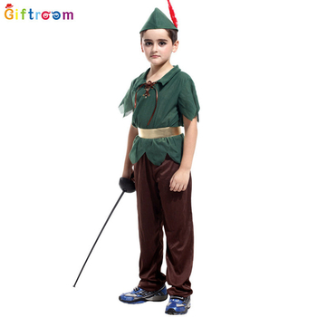 Peter Pan cosplay kostým na západný karnevalový tematický večierok, divadelné predstavenie; polyesterová tkanina; hlavný zloženie 90–95% polyester; pohlavie: muž; vhodné pre osoby do 17 rokov