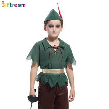 Peter Pan cosplay kostým na západný karnevalový tematický večierok, divadelné predstavenie; polyesterová tkanina; hlavný zloženie 90–95% polyester; pohlavie: muž; vhodné pre osoby do 17 rokov