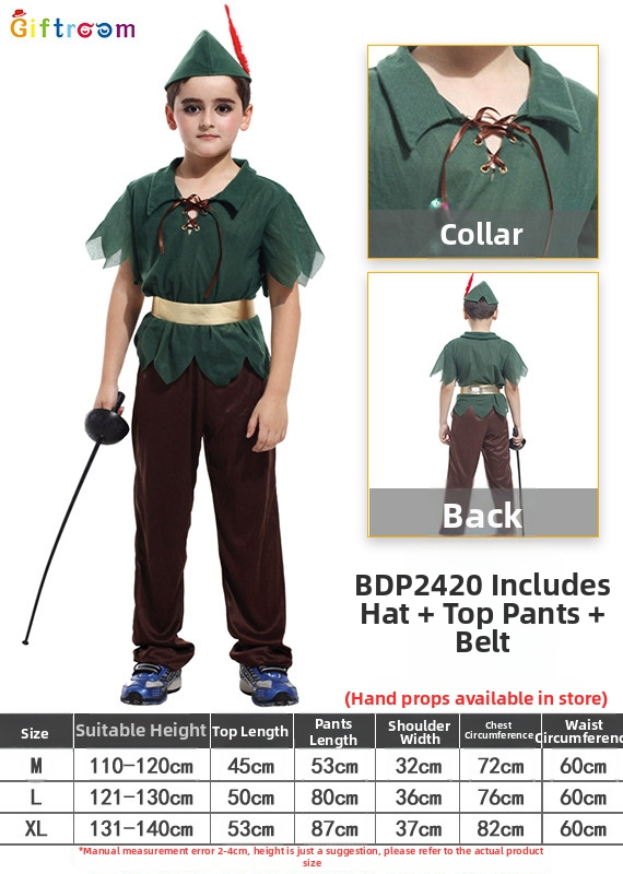 Peter Pan cosplay kostým na západný karnevalový tematický večierok, divadelné predstavenie; polyesterová tkanina; hlavný zloženie 90–95% polyester; pohlavie: muž; vhodné pre osoby do 17 rokov