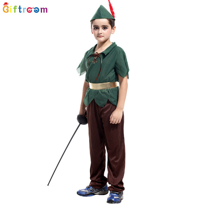 Peter Pan cosplay kostým na západný karnevalový tematický večierok, divadelné predstavenie; polyesterová tkanina; hlavný zloženie 90–95% polyester; pohlavie: muž; vhodné pre osoby do 17 rokov