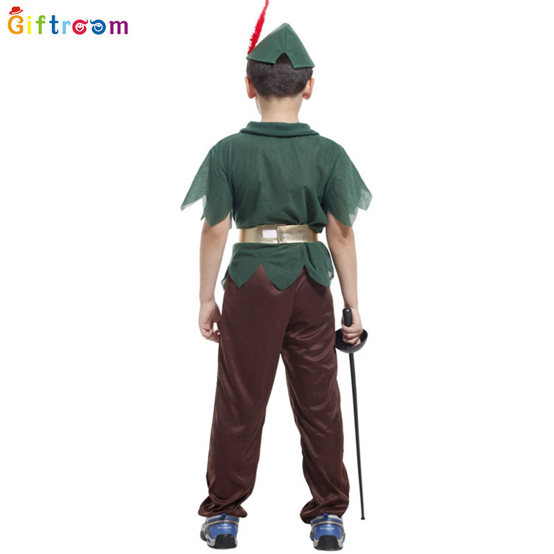 Peter Pan cosplay kostým na západný karnevalový tematický večierok, divadelné predstavenie; polyesterová tkanina; hlavný zloženie 90–95% polyester; pohlavie: muž; vhodné pre osoby do 17 rokov