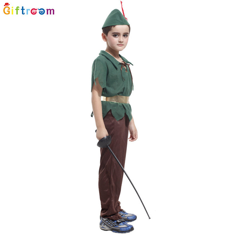 Peter Pan cosplay kostým na západný karnevalový tematický večierok, divadelné predstavenie; polyesterová tkanina; hlavný zloženie 90–95% polyester; pohlavie: muž; vhodné pre osoby do 17 rokov