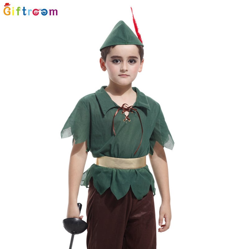 Peter Pan cosplay kostým na západný karnevalový tematický večierok, divadelné predstavenie; polyesterová tkanina; hlavný zloženie 90–95% polyester; pohlavie: muž; vhodné pre osoby do 17 rokov