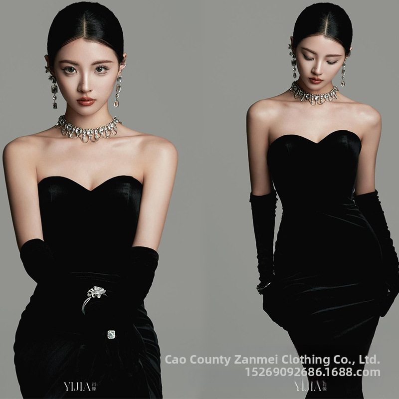 Šaty z velúru v štýle Hepburn pre vnútornú fotosesiu, obsah polyesteru 70–80%