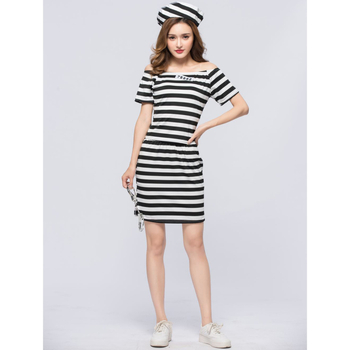 Ženský kostým väzenkyne pre rolu – jednovrstvová pruhovaná šaty; Materiál: bavlnená zmes; Hlavný materiál: polyester; Vek: 18–24; Jarné vydanie 2022; Vhodné pre hry s rolou/animácie