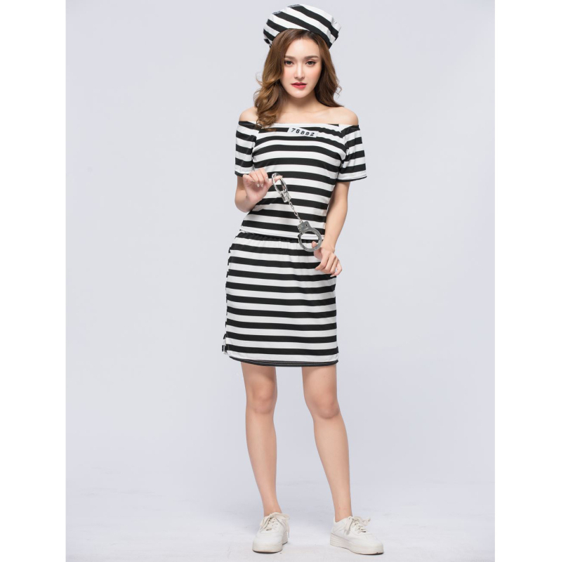 Ženský kostým väzenkyne pre rolu – jednovrstvová pruhovaná šaty; Materiál: bavlnená zmes; Hlavný materiál: polyester; Vek: 18–24; Jarné vydanie 2022; Vhodné pre hry s rolou/animácie