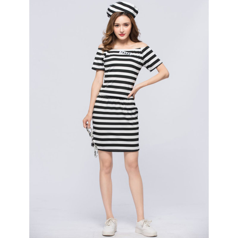 Ženský kostým väzenkyne pre rolu – jednovrstvová pruhovaná šaty; Materiál: bavlnená zmes; Hlavný materiál: polyester; Vek: 18–24; Jarné vydanie 2022; Vhodné pre hry s rolou/animácie