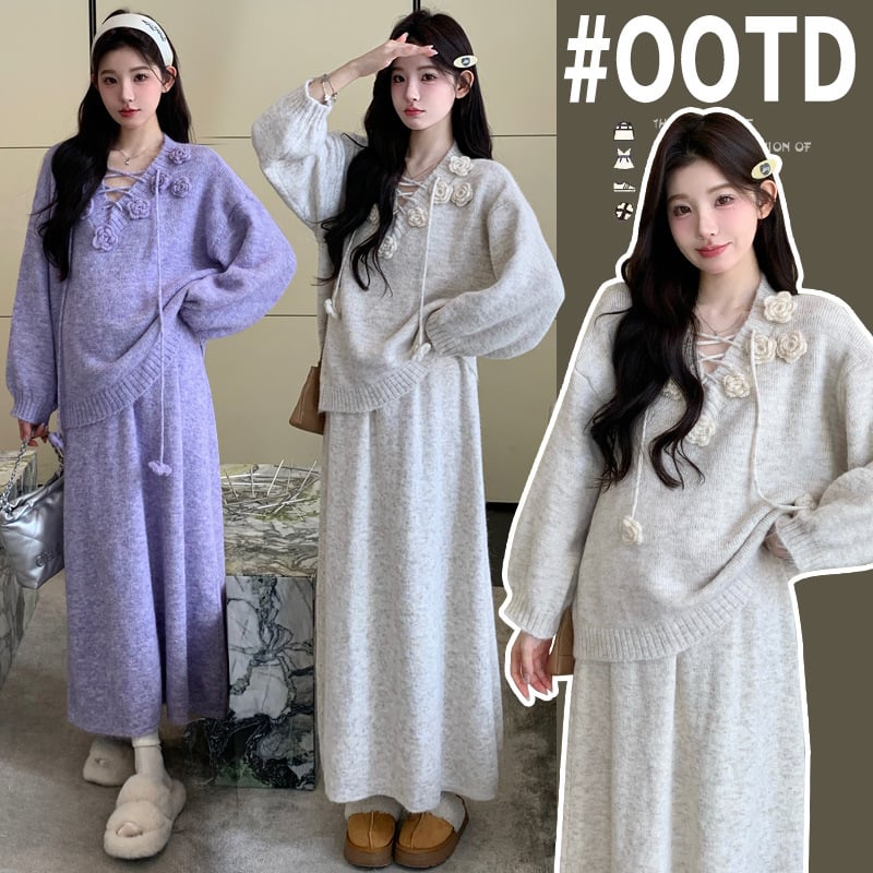 Set za trudnice od pletene tkanine – cvjetni patchwork pletenina, raglan rukav, midi suknja, zimski stil