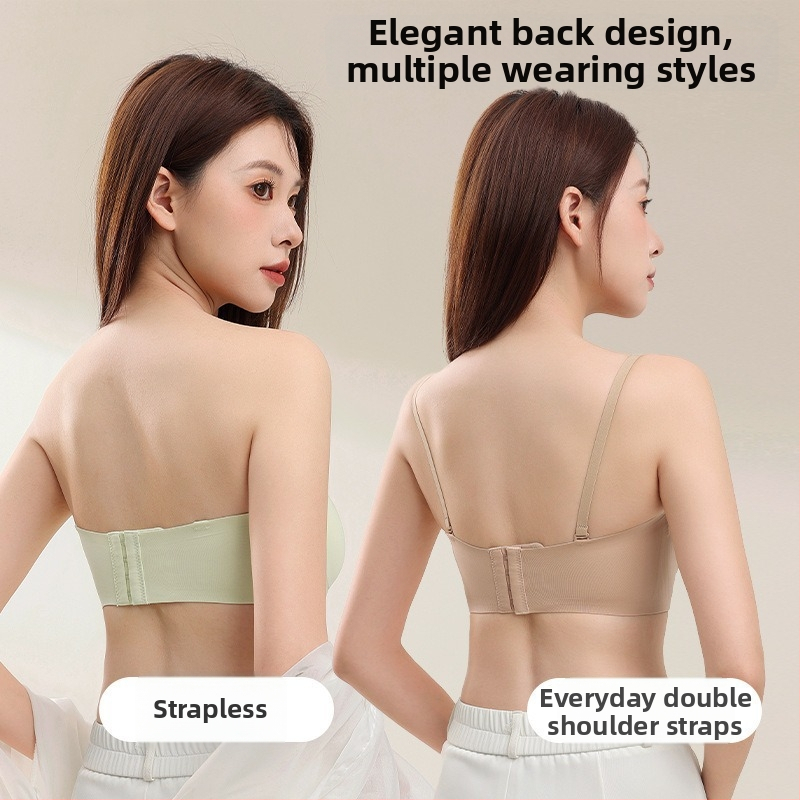 Bez plecu siksnām – necaurīgs krūšturis sievietēm ar mazu krūti; push-up, anti-slip, bez šuvēm, ar aizmuguri; Galvenais materiāls: neilons 70%; pildījums: spandeks 30–50%; krūšu kausi 3/4, plānas formētas; noņemamas dubultas siksnas; muguras aizdare ar čet