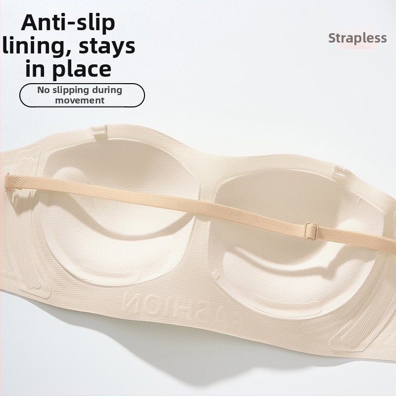 Bez plecu siksnām – necaurīgs krūšturis sievietēm ar mazu krūti; push-up, anti-slip, bez šuvēm, ar aizmuguri; Galvenais materiāls: neilons 70%; pildījums: spandeks 30–50%; krūšu kausi 3/4, plānas formētas; noņemamas dubultas siksnas; muguras aizdare ar čet