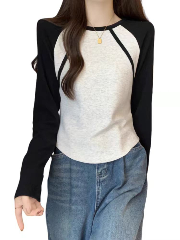 Pamučna majica s blokovima boja, dugi rukav, okrugli izrez, slim fit (95% pamuk)