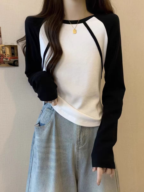 Pamučna majica s blokovima boja, dugi rukav, okrugli izrez, slim fit (95% pamuk)