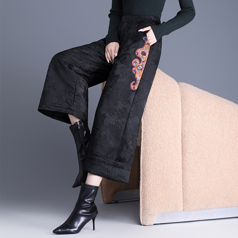 Zimske široke hlače sa žakardnom vezom, visokim strukom, toplom podstavom