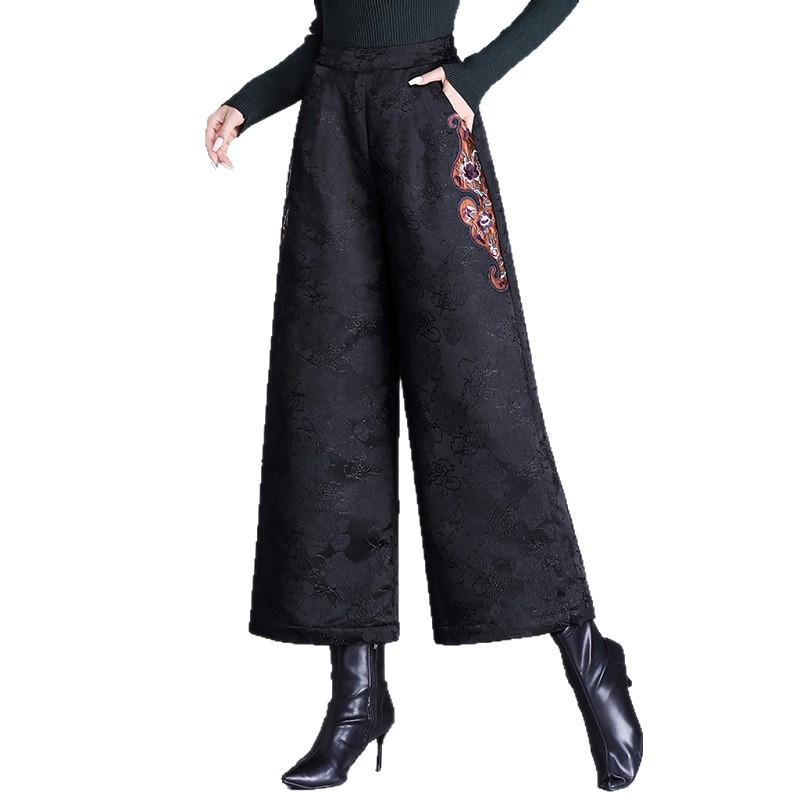 Zimske široke hlače sa žakardnom vezom, visokim strukom, toplom podstavom