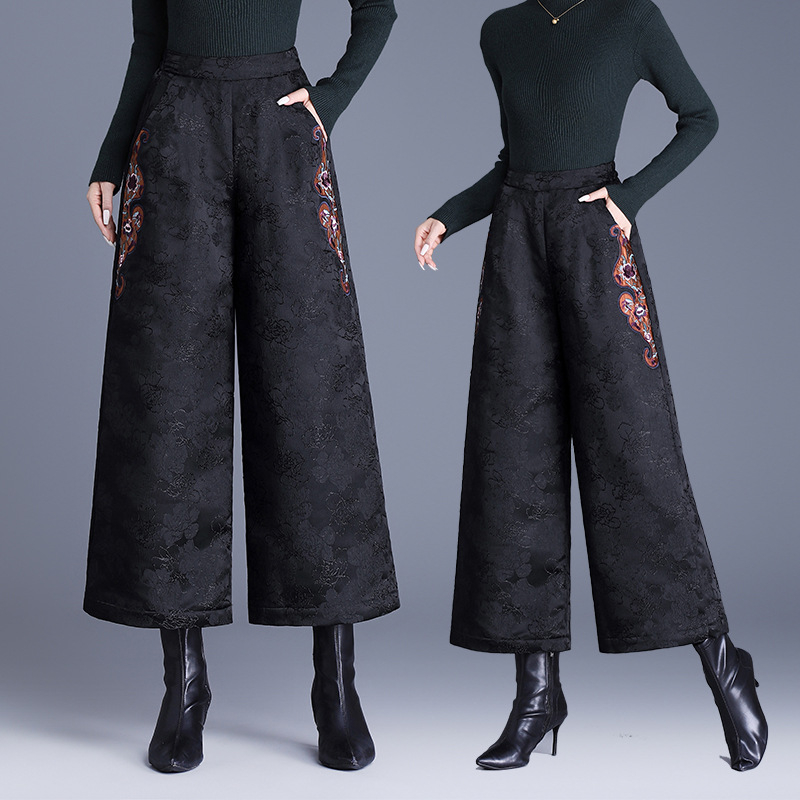 Zimske široke hlače sa žakardnom vezom, visokim strukom, toplom podstavom