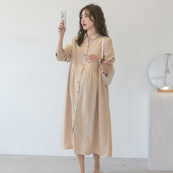 PANDI Rochie de maternitate din bumbac, guler Lapel, mâneci lungi, model uni