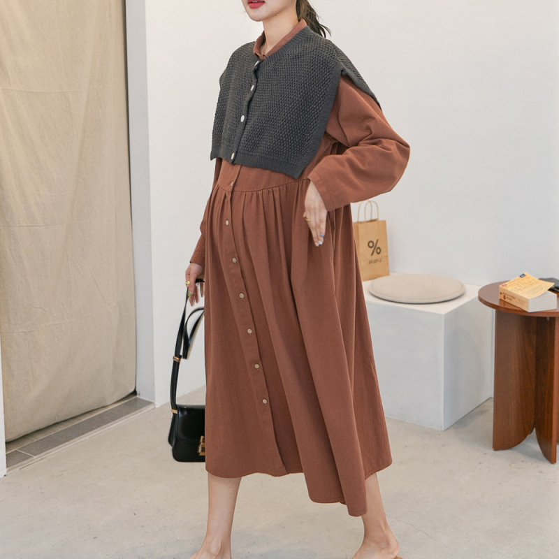 PANDI Rochie de maternitate din bumbac, guler Lapel, mâneci lungi, model uni