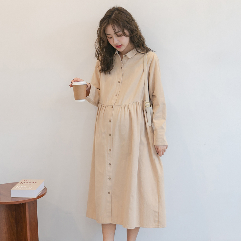 PANDI Rochie de maternitate din bumbac, guler Lapel, mâneci lungi, model uni