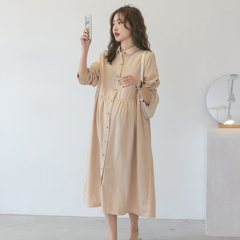 PANDI Rochie de maternitate din bumbac, guler Lapel, mâneci lungi, model uni