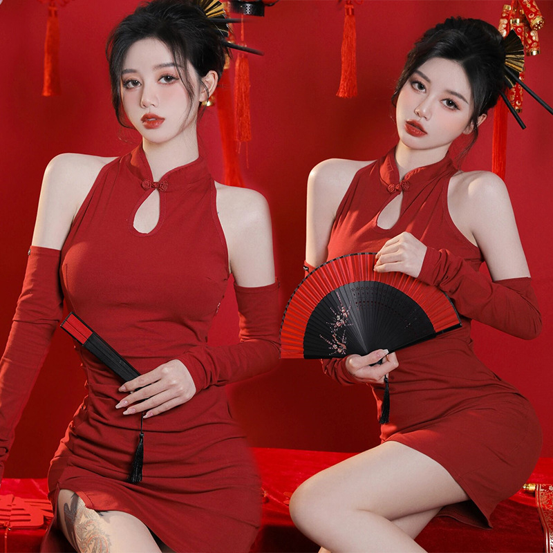 Studio kostim za fotografiranje, haljina u kineskom stilu inspirirana cheongsam, za ženske plesne nastupe, poliester.