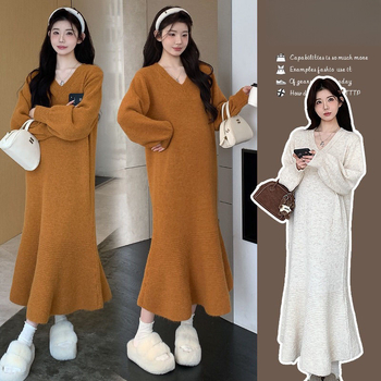 Haljina za trudnice - silueta sirene, pleteni chenille materijal, V-izrez, dugi rukavi, 90-95% elastan