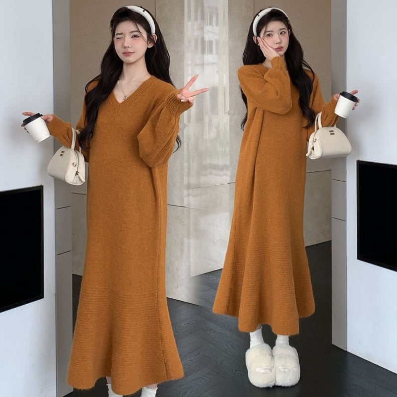 Haljina za trudnice - silueta sirene, pleteni chenille materijal, V-izrez, dugi rukavi, 90-95% elastan