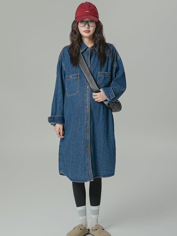 Trudnička haljina od pamuka s ovratnikom košulje, dugi rukavi, midi dužina, japansko-korejski casual stil