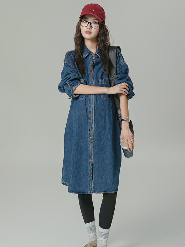 Trudnička haljina od pamuka s ovratnikom košulje, dugi rukavi, midi dužina, japansko-korejski casual stil