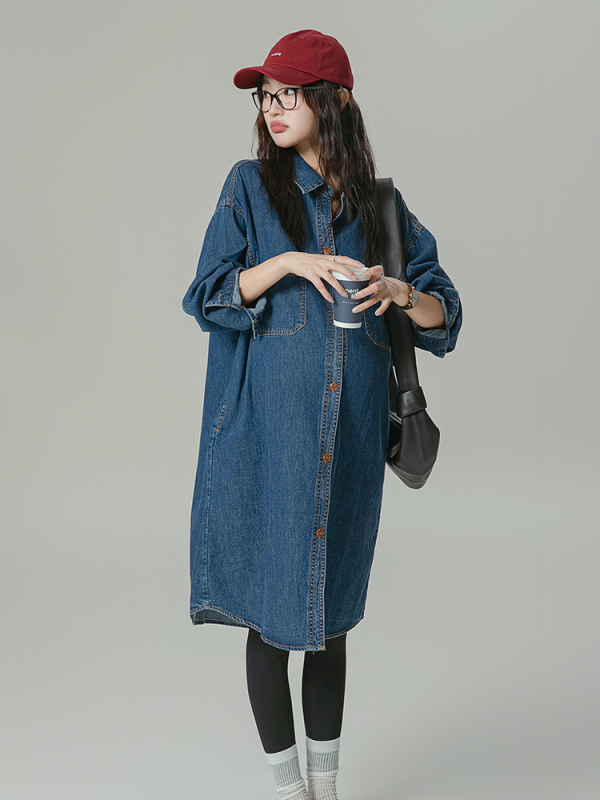 Trudnička haljina od pamuka s ovratnikom košulje, dugi rukavi, midi dužina, japansko-korejski casual stil