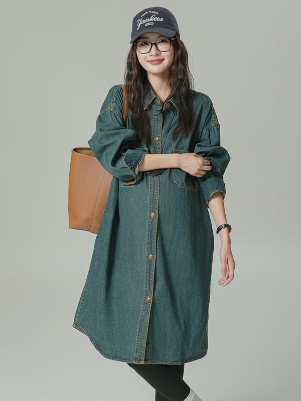 Trudnička haljina od pamuka s ovratnikom košulje, dugi rukavi, midi dužina, japansko-korejski casual stil