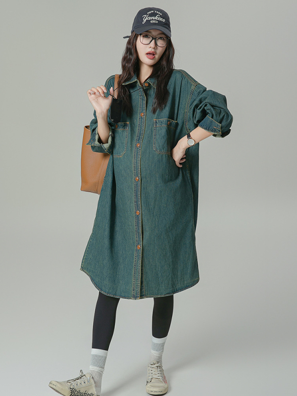 Trudnička haljina od pamuka s ovratnikom košulje, dugi rukavi, midi dužina, japansko-korejski casual stil