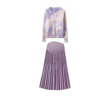 Trudnički dvodijelni set: opušteni pleteni džemper i midi suknja, 3/4 rukavi, akrilna vlakna i smjesa poliester, proljeće-jesen