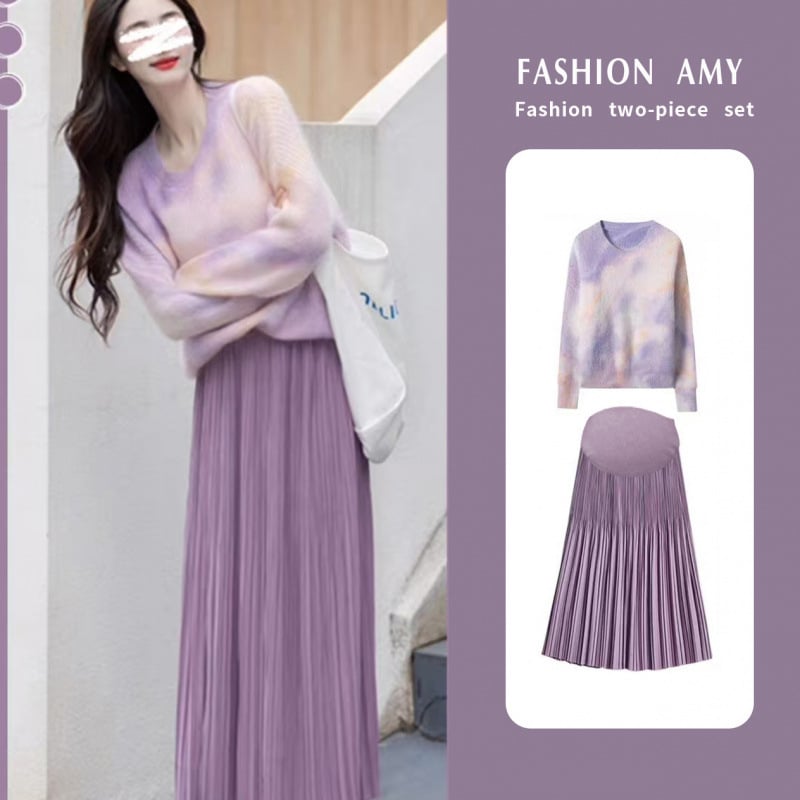 Trudnički dvodijelni set: opušteni pleteni džemper i midi suknja, 3/4 rukavi, akrilna vlakna i smjesa poliester, proljeće-jesen