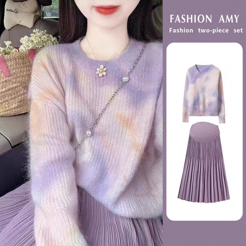 Trudnički dvodijelni set: opušteni pleteni džemper i midi suknja, 3/4 rukavi, akrilna vlakna i smjesa poliester, proljeće-jesen