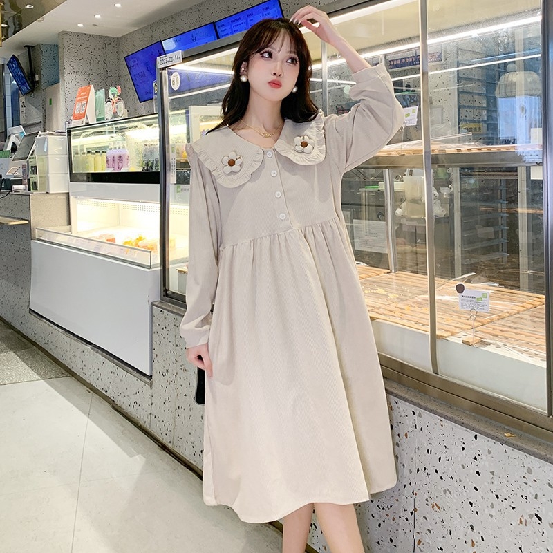 Φορμά εγκυμοσύνης με Corduroy ύφασμα, κουμπωτό, για θηλάσιμο, χαλαρή γραμμή, midi (Corduroy ύφασμα, κουμπωτό, για θηλάσιμο, Midi)