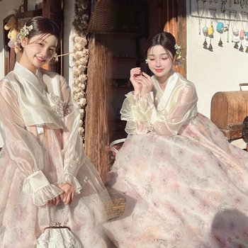Rochie inspirată de Hanbok pentru femei, din chiffon, poliester, conținut 90-95% al țesăturii, potrivită pentru ședințe foto, primăvara 2023.
