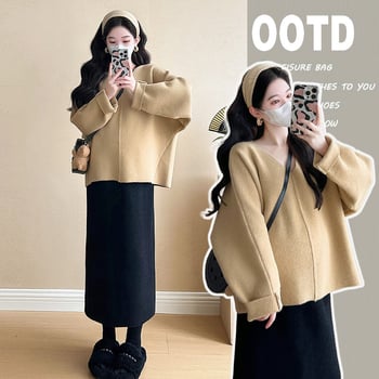 Set pentru gravide: top și fustă, material lână, mâneci jumătate, stil japonez-coreean lejer, iarna 2024