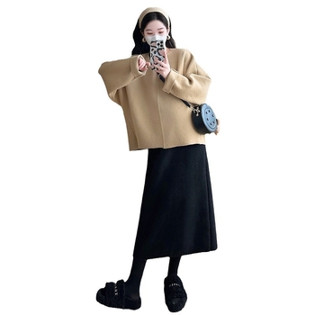 Set pentru gravide: top și fustă, material lână, mâneci jumătate, stil japonez-coreean lejer, iarna 2024