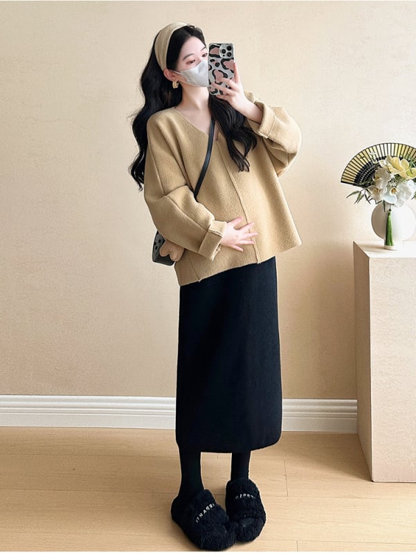 Set pentru gravide: top și fustă, material lână, mâneci jumătate, stil japonez-coreean lejer, iarna 2024