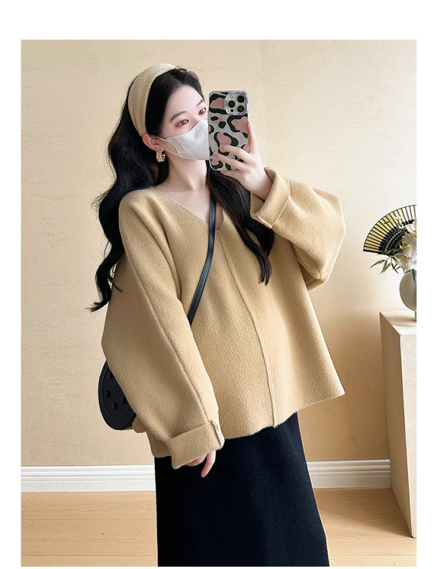 Set pentru gravide: top și fustă, material lână, mâneci jumătate, stil japonez-coreean lejer, iarna 2024