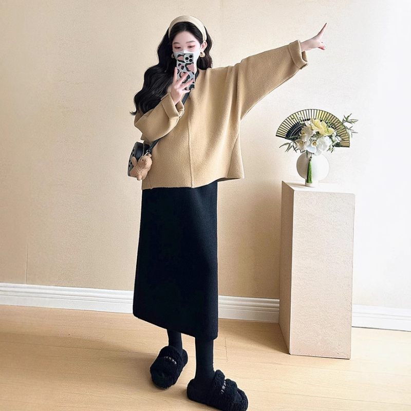 Set pentru gravide: top și fustă, material lână, mâneci jumătate, stil japonez-coreean lejer, iarna 2024