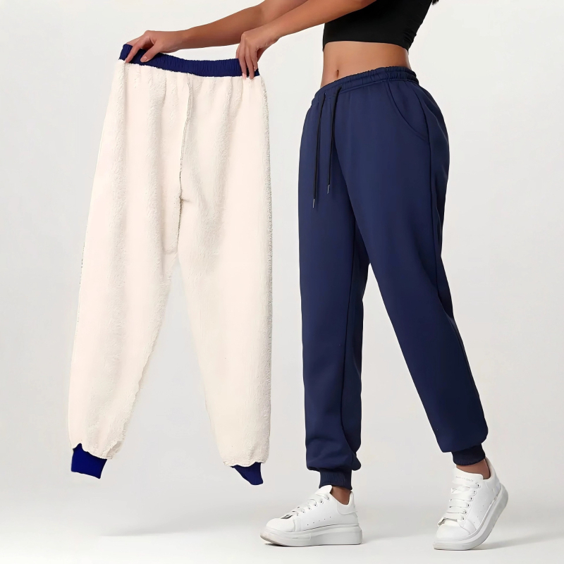 Ženske široke hlače s fleecem s unutarnjom podstavom, zmes polyester-elastán, široki kroj, srednji pojas, mikroelastičnost