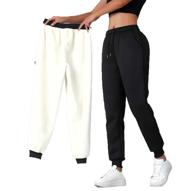 Ženske široke hlače s fleecem s unutarnjom podstavom, zmes polyester-elastán, široki kroj, srednji pojas, mikroelastičnost